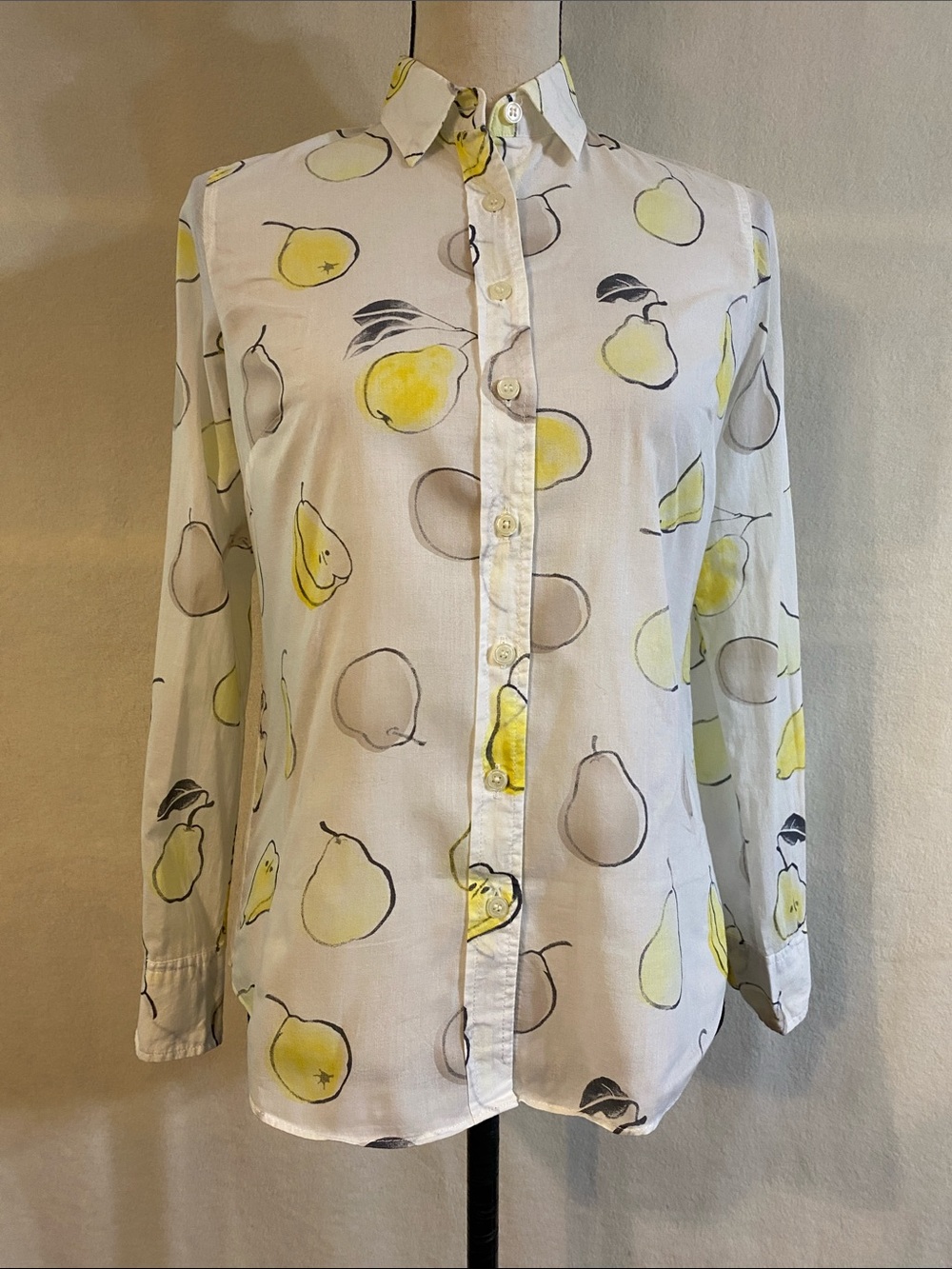 J. Crew white yellow pear print cotton perfect button down shirt